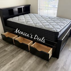 Full Solid Wood Bed With 3 Drawers And Mattress $660