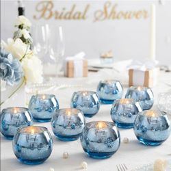 36 Pcs Blue Votive Candle Holders - Mercury Glass Tealight Holders for Dusty Blue Wedding Decor, Centerpiece Table Decorations