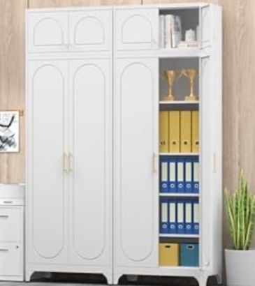 91" Tall Kitchen Pantry Cabinet with 2 Doors and 4 Adjustable Shelves, White Metal Storage Cabinets, Kitchen Cupboard for Dinning Living Room, Bathroo