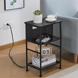 Black 3-Tier End Table Or Nightstand With Charging Station, New.