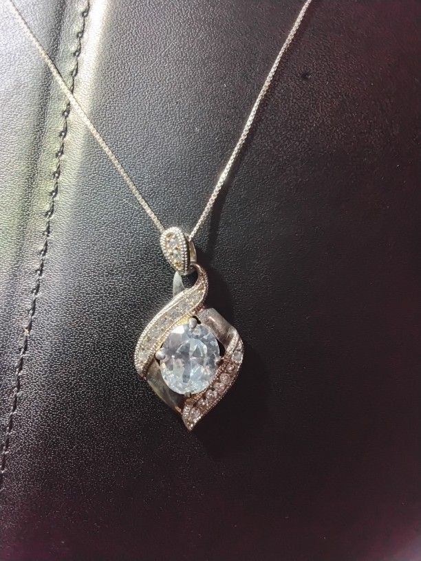 18inch 925 Silver Womens Chain And Silver Pendant With Real Diamonds Around The Crystal Gemstone