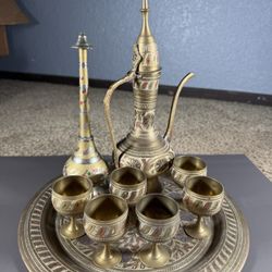 Vintage Brass Middle Eastern Tea / Coffee Set w/ Tray – Hand Engraved