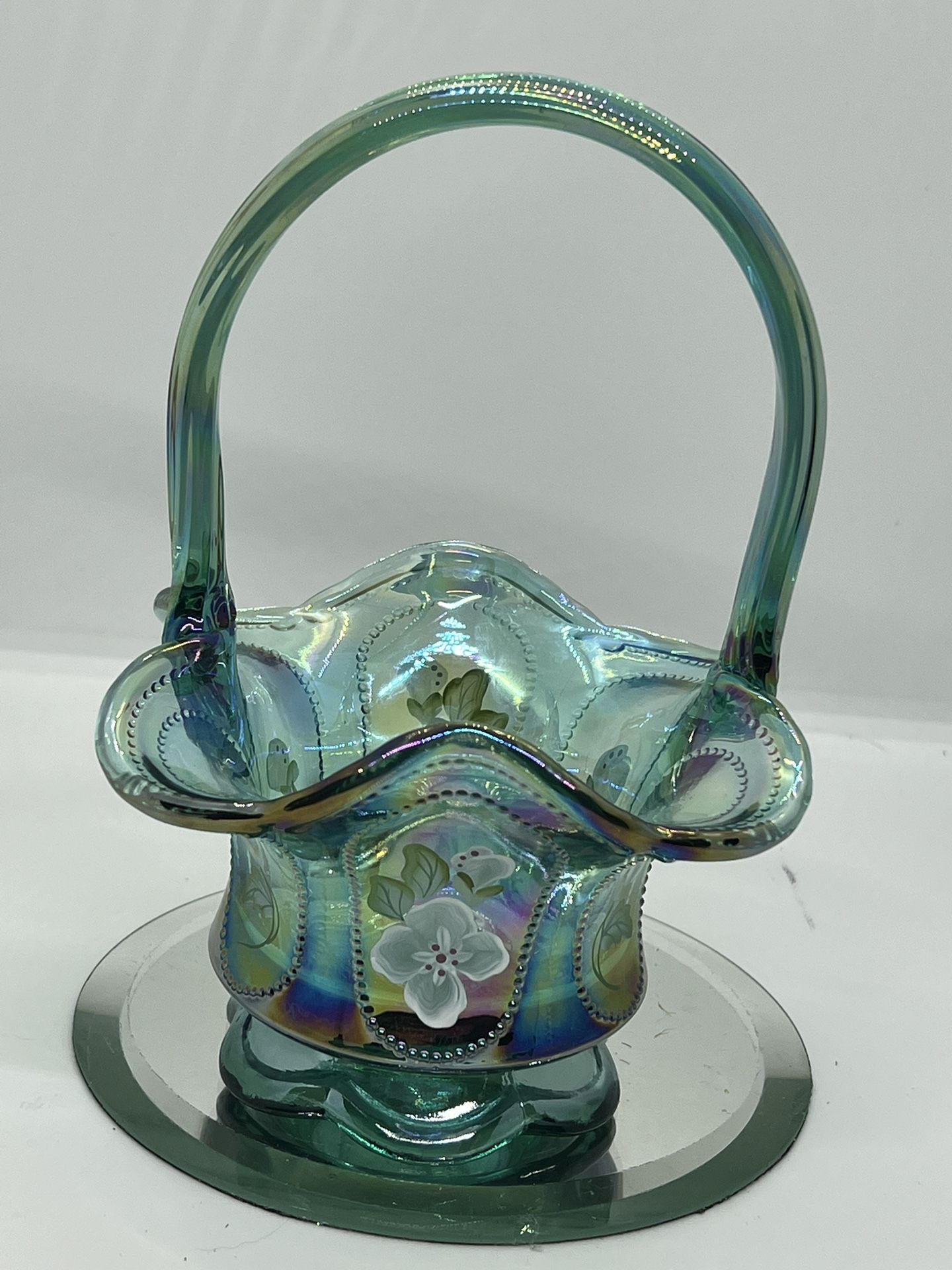 Fenton Glass Basket green floral ruffled top- Hand Painted & signed J. Cutshaw