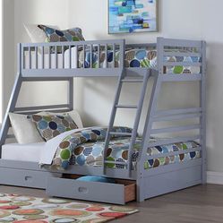 Twin / Full Bunk Bed with 2 Drawers
Grey Finish Mattress included 

Litera Full Twin color gris colchon incluido
