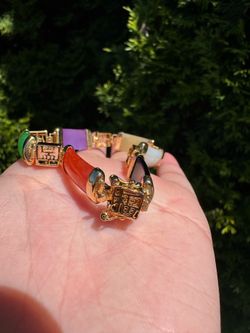 Vintage Multi-Color Jade Bar Link Bracelet Gold Rolled Chinese Lucky Fortune 7.5