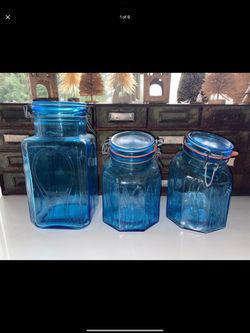Vintage CGC Clear Blue Glass Tilted Jar/Canister set X3 Embossed Snowdrops