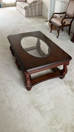 Carved ornate coffee table with acrylic replacement, top shatter resistant for children and pets 