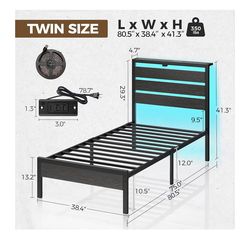 Rolanstar Bed Frame Twin Size with USB Charging Station, LED Bed Frame with Wood Storage Headboard, Black Metal Platform Bed with Under Bed Storage, N