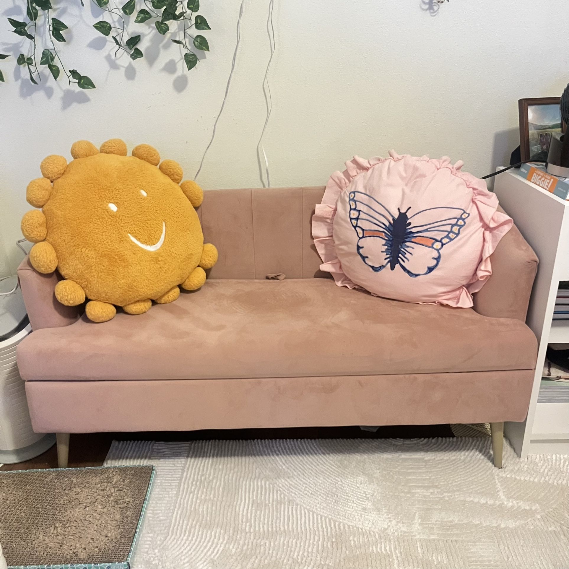 kids pink suede couch with storage
