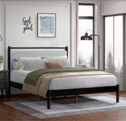 Full Size Black Bed Frame with Gray Upholstered Headboard – Platform Bed