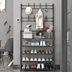 Brand New Coat and Shoe Rack with 4-tier Shelves and 8 Hooks, Black