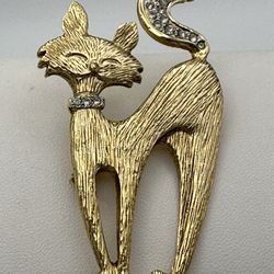 Kitty Cat Brooch Closed Eyes Rhinestone Collar & Tail Brushed Effect Good Condition 