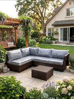Costco quality patio furniture set brand new in the box deep seating cushions Brown frame blue cushions high quality patio furniture patio set ✅🆕☑️🚛
