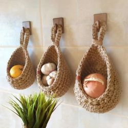 Set 3 Handwoven teardrop Jute Hanging Wall Baskets kitchen storage decor cottage