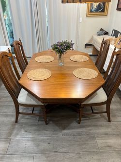 Vintage Wood Dining Table + 4 Cane Chairs