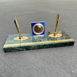 Vintage Desk Two Pen Holder with Thermometer Gold with Green Marble Base