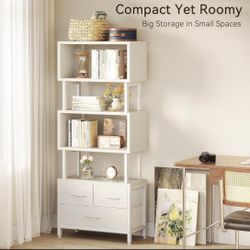  7 Tier Bookshelf, Tall Geometric Bookcase with Fabric Drawers, Modern Display Book Shelves Book Case