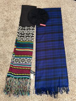 2 Long Scarves and Beret Knit Hat