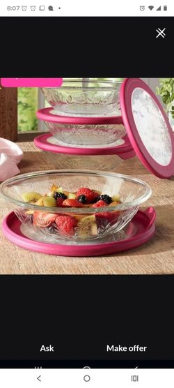 Juego de 4 platos grandes hondos de cristal con 4 tapas de silicón