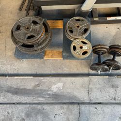 Plates, 5’ Standard Bar 50lb - 5lb Plates + A set Of adjustable Dumbbells 