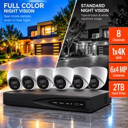 4K Security Surveillance Camera System 6 Cameras 8CH PoE NVR 2TB Color Night Vision Kit | NEW SEALED!