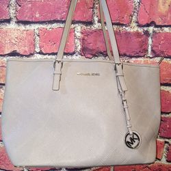Michael Kors Charlotte Pearl Grey Large Leather Cross Stich Top Zip Tote Bag Purse