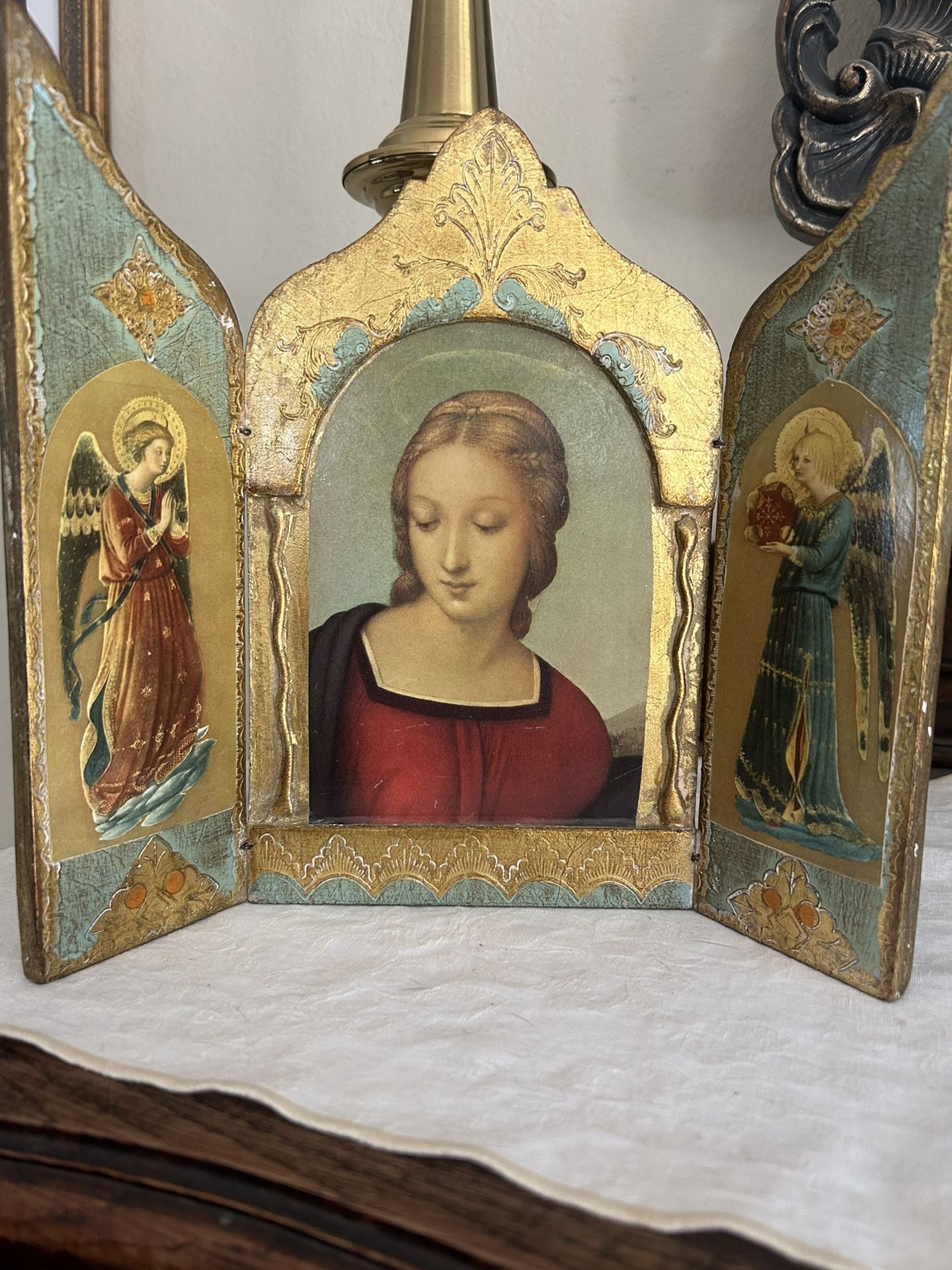 VTG Italian Florentine Gold Gilt Wood Triptych Madonna