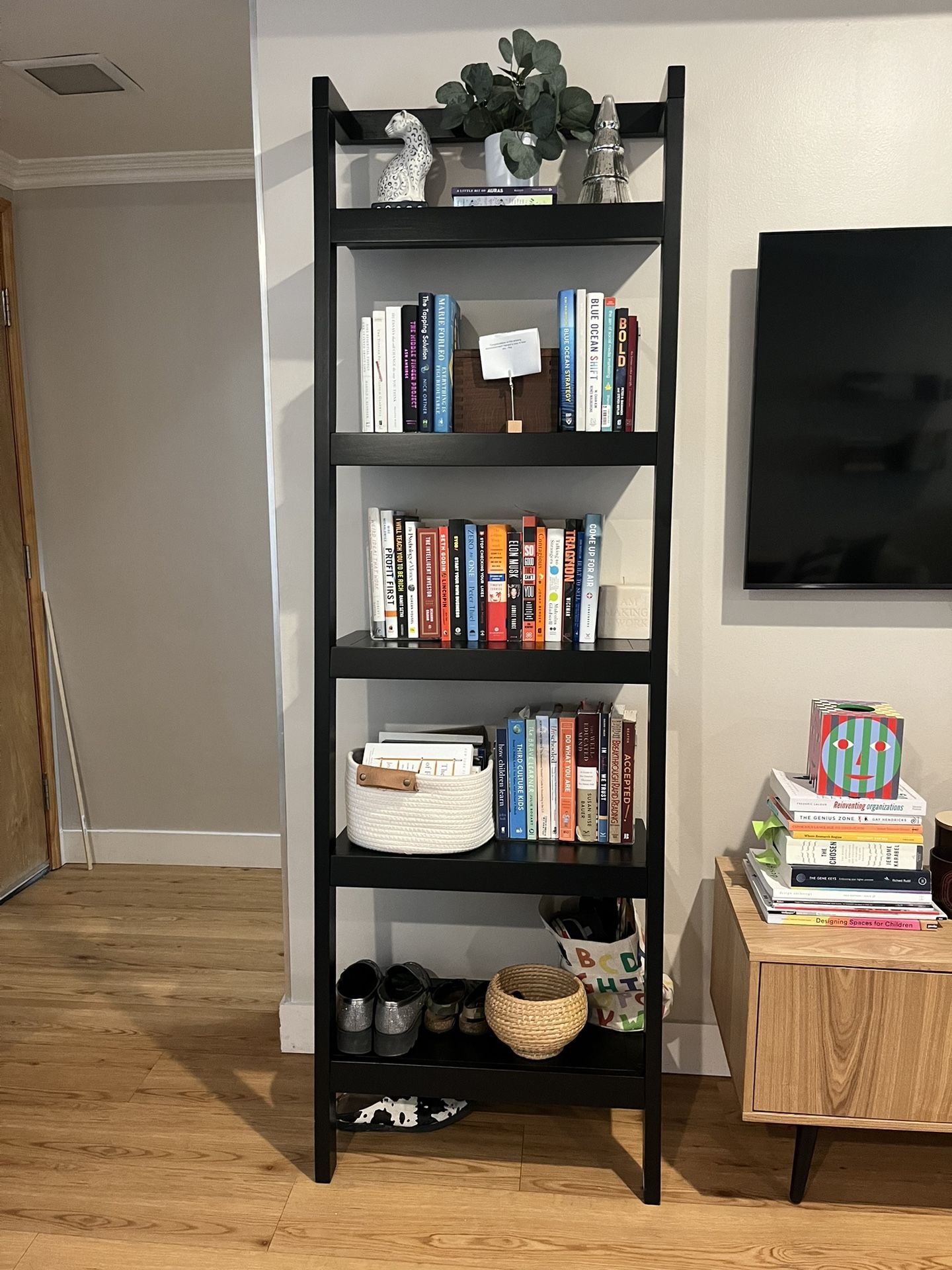 Two Crate & Barrel Sawyer Black Leaning 24.5” Bookcase 2x