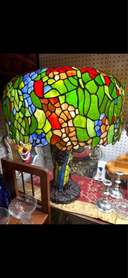28” Tall Tiffany Style Lamp Colorful Floral With Palm Tree Metal Base