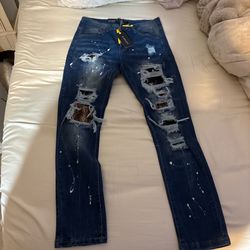 Blue Ripped Jeans With Snake Skin Desins