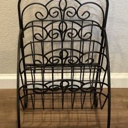 1970s Vintage Scrolled Black Wrought Iron 3 Tier Magazine Rack