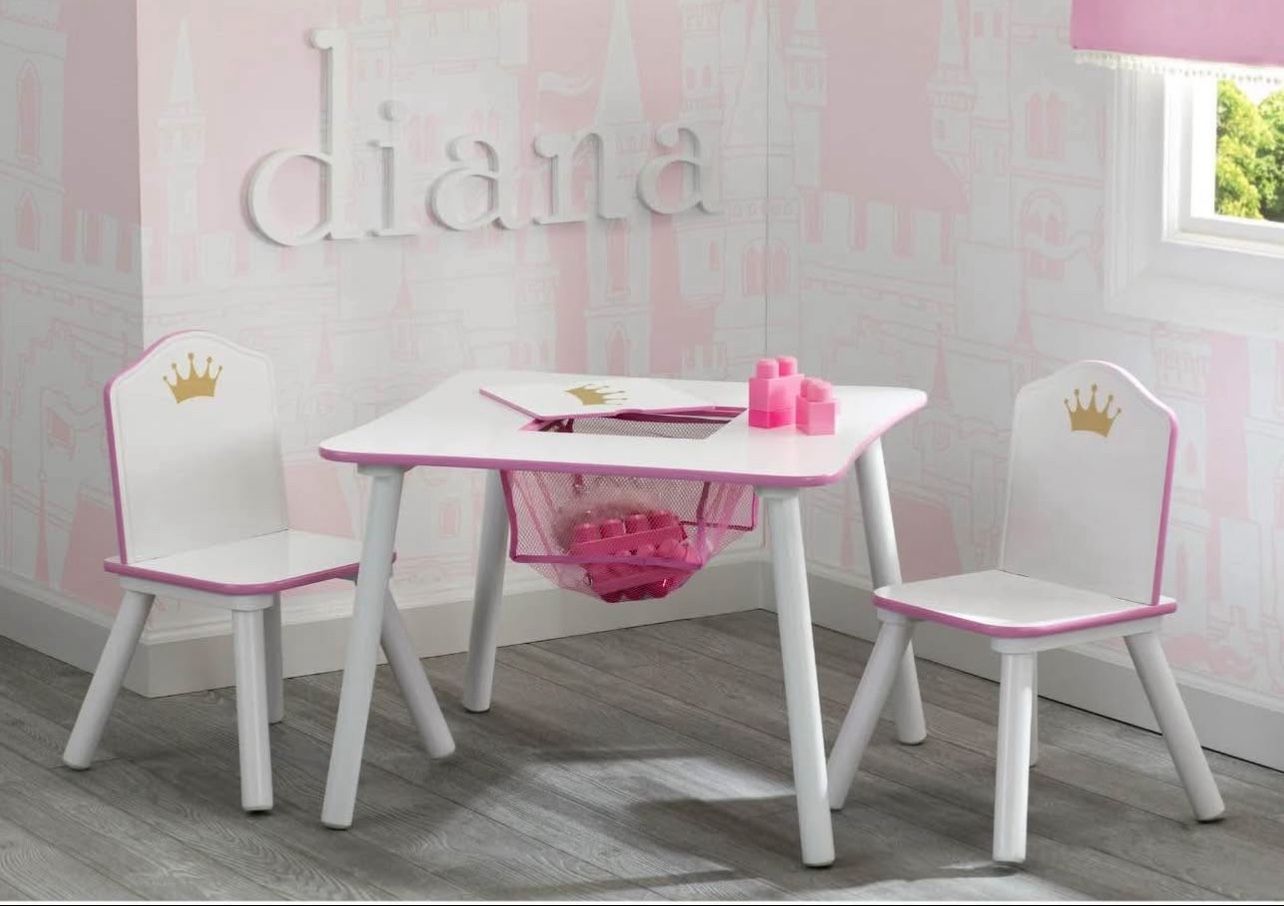 Princess Crown Toddler Table and Chair Set with Storage, Greenguard Gold, Wood, Pink, New in Box