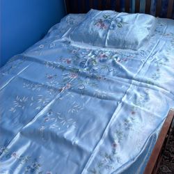 vintage-style light blue floral pattern with delicate rose motifs and lace trim , Full Size Bedding Set Of 2 Pc, $17