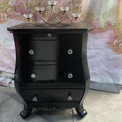 Beautiful French Boho Style Wooden Nightstand Or Side Table Brand JCPENNEY Colors Black,white With Crystal Pulls Has Been Refurbished 