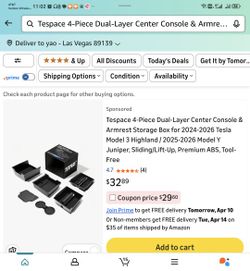 Tespace 4-Piece Dual-Layer Center Console & Armrest Storage Box for 2024-2026 Tesla Model 3 Highland / 2025-2026 Model Y Juniper, Sliding/Lift-Up, Pre