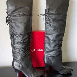 Women's Guess Black Leather Knee High Boots with Heel