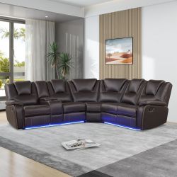 Modern Faux Leather Manual Reclining with Center Console and LED Light Strip,Living Room Furniture Set,PU Symmetrical Couch with 2 Cup Holders and Sto