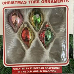 Vintage European Hand Decorated Glass Ornaments in Box set of 4 Romania