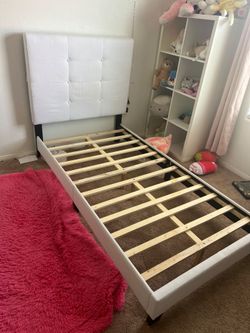 Twin Bed Frame + Mattress – White Tufted Headboard