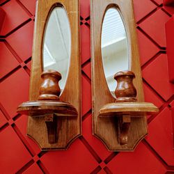 Vintage 1960s Wooden Wall Mirror Sconce Set Candle Holders 