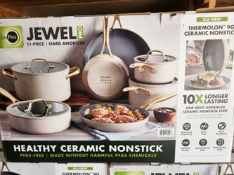 Taupe colored green pan jewel pro 11 piece ceramic non-stick cookware set