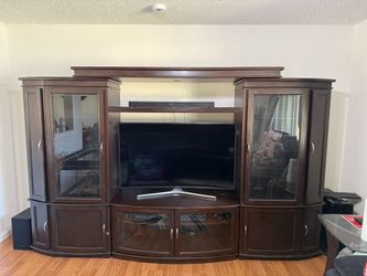 Large Wood Entertainment Center With Glass Cabinets