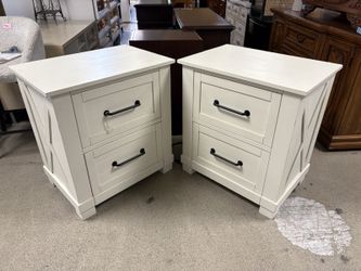 White Rustic Farmhouse 2-Drawer Nightstand w/ Power Strip & Hidden Drawer (Set of 2)