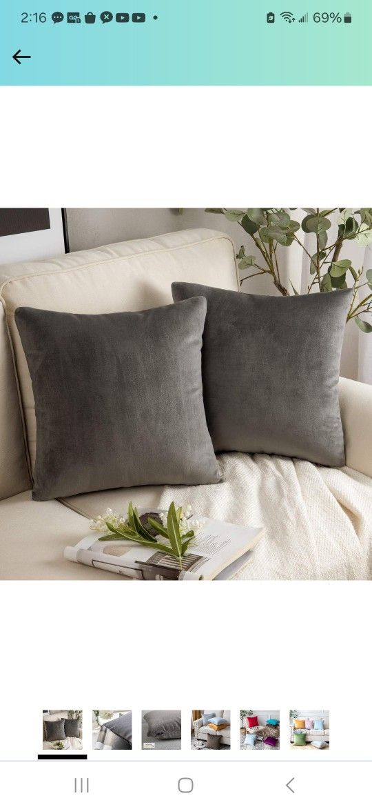 Pack of 2 Velvet Decorative Throw Pillow Covers Soft Solid Square Cushion Case for Couch Dark Grey 18 x 18 inches 45 x 45 cm