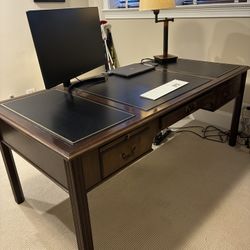 🤎 Vintage Executive Desk, Antique Executive Wood Desk With Leather Inlay