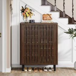 New assembled 6-Tier Shoe Cabinet with Shutter Doors, Large Wooden Shoe Organizer Rack with Adjustable Shelves, Modern Farmhouse Hidden Storage Furnit