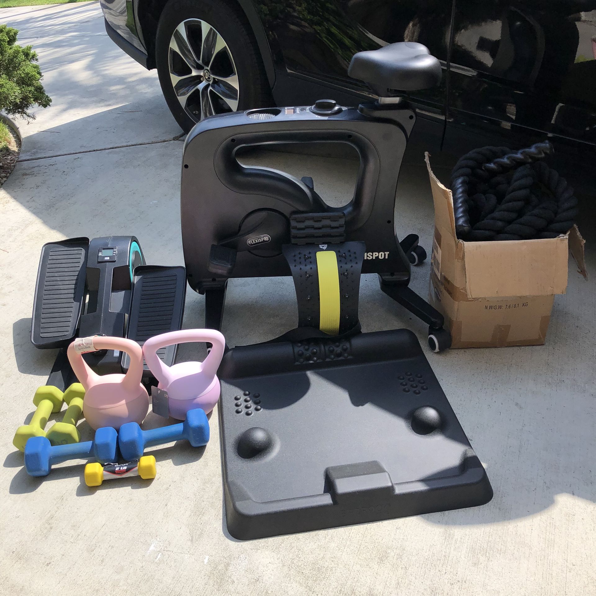 Exercise Bundle: Dumbbell Set, Kettle Ball, Flexispot Bike, Cubii Elliptical, Titan Battle Rope, Desk Mat, Back Stretcher