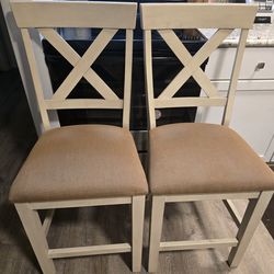 Set of 2 Counter Hight Chairs with X-Cross Back, cream and goldish beige