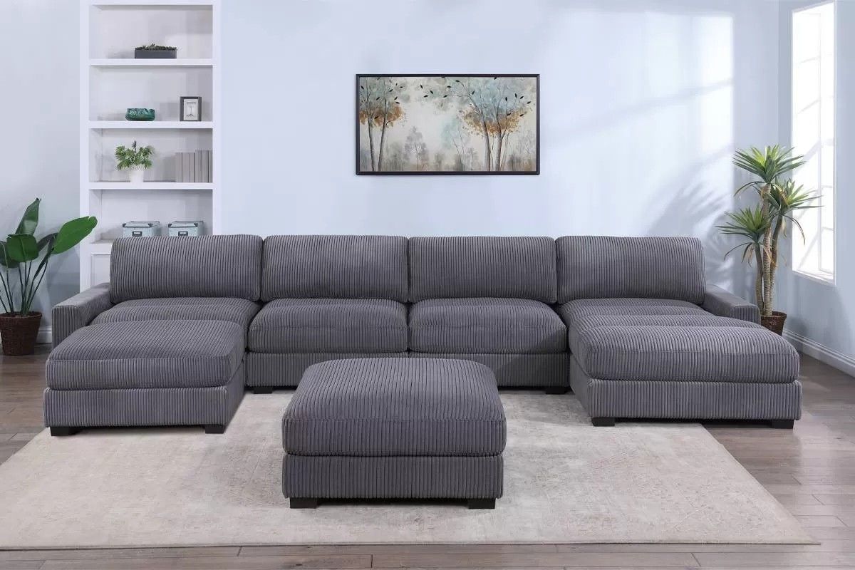 Brand New Grey Super Plush Corduroy Modular Sectional Sofa w Ottoman 