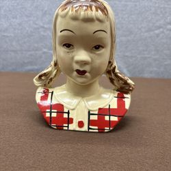 Vintage Girl Head Wall Pocket Planter JEAN Ceramic Japan Plaid Dress Vase